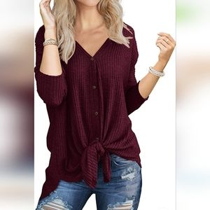 Women's waffle knit tunic tie blouse